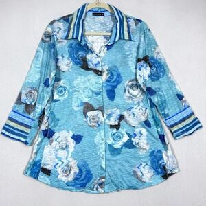 David Cline‎ Top Womens XL Rose Floral Snap Front Blouse Artsy 3/4 Sleeve USA